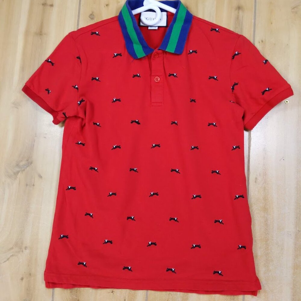 Gucci Red Polo with Blue and Green Stripe Collar